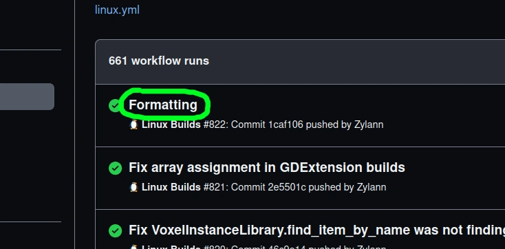 Screenshot of a list of builds, with the latest successful one circled in green