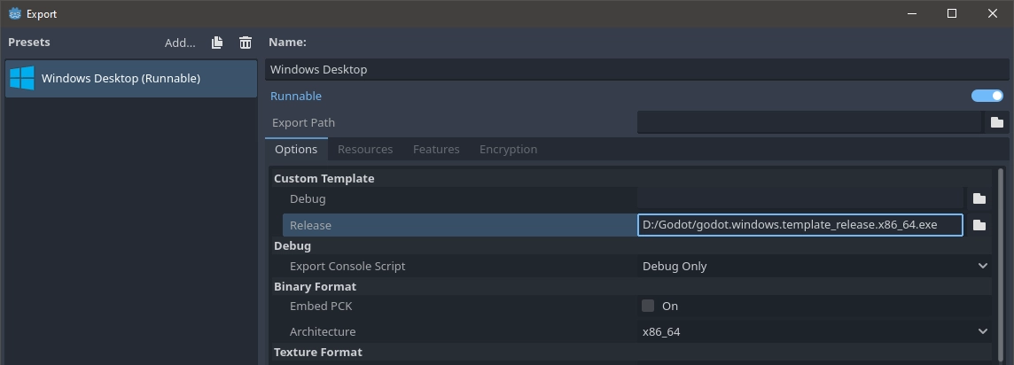 Screenshot of Godot export configuration window with a custom template assigned for Windows