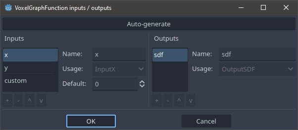 Screenshot of the function input/output editor dialog