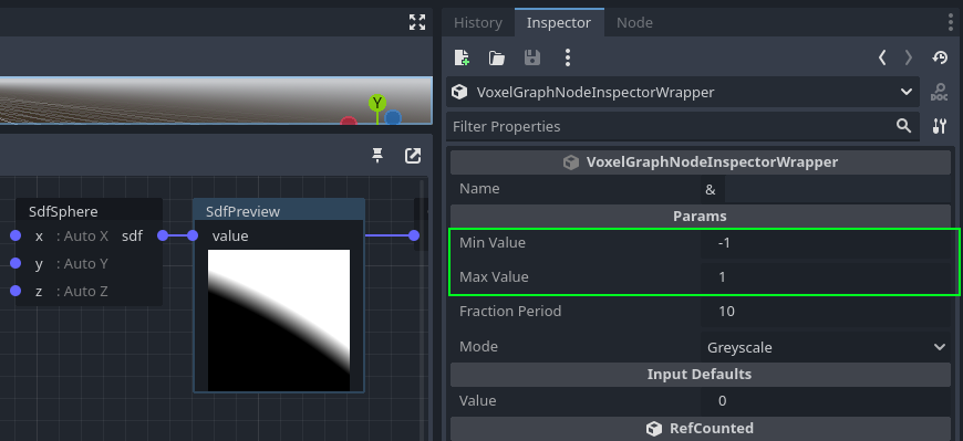 Screenshot of a selected preview node and its min/max properties in the inspector