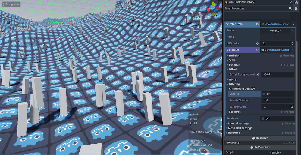 Screenshot of instances spawned from LOD2 an viewed at LOD0, without snapping. Many are not properly on ground