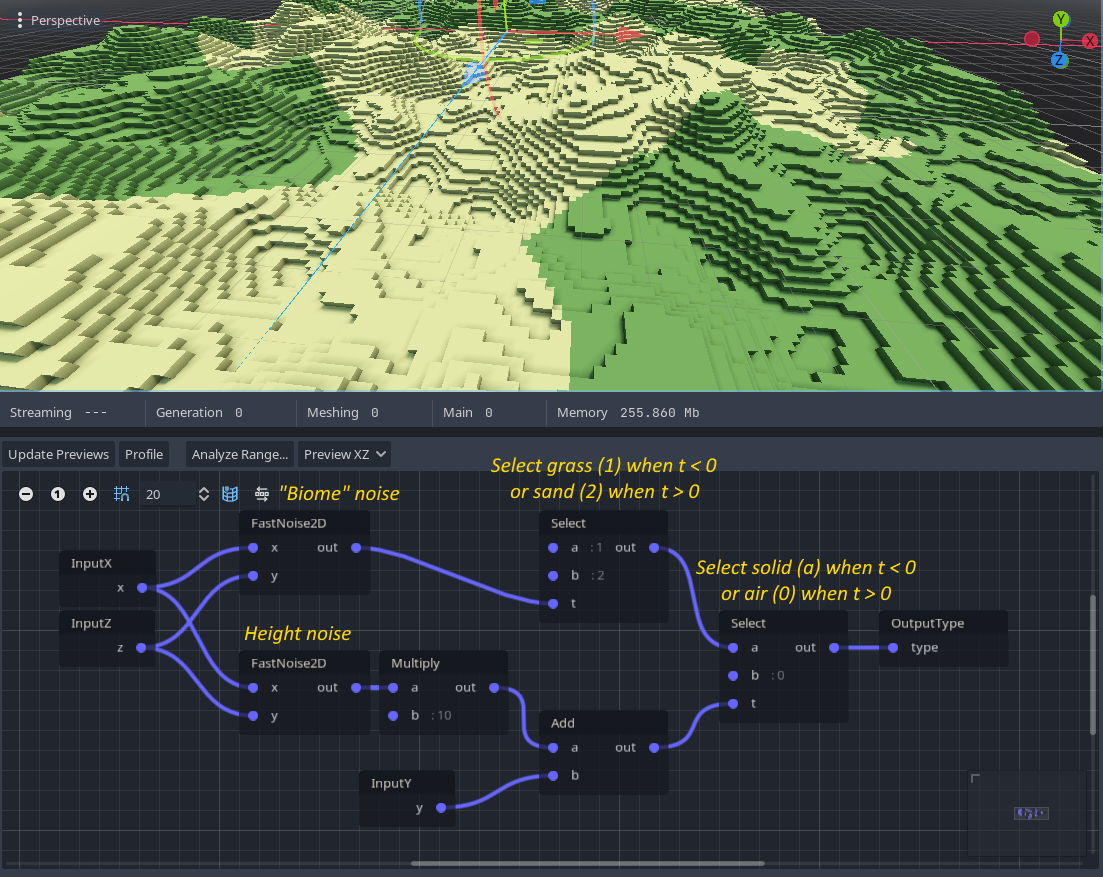 Example screenshot of a blocky heightmap with two biomes made with a graph generator