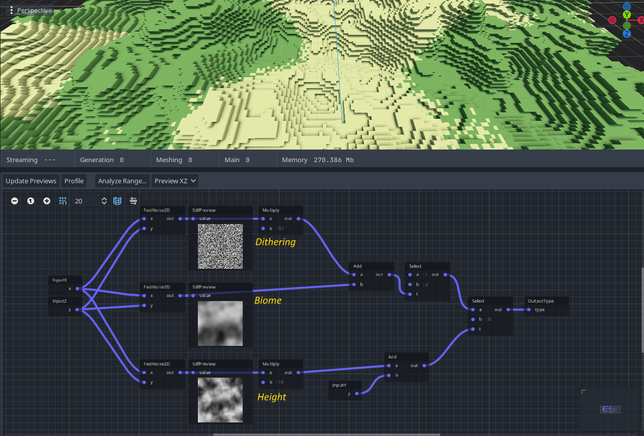 Example screenshot of a blocky heightmap with two biomes and dithering